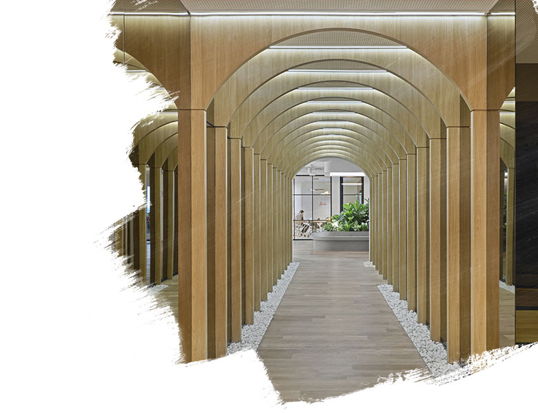 Wooden walkway arch arranged in a long line