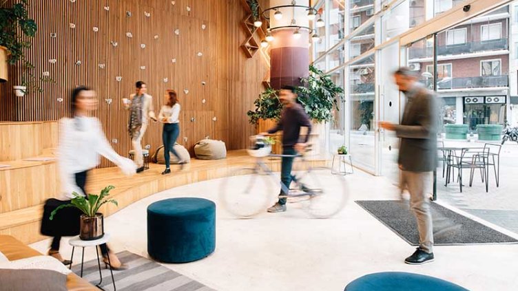 Commuters arriving to office lobby