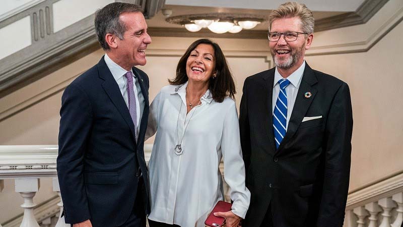 Los Angeles Mayor Eric Garcetti, Paris Mayor Anne Hidalgo and Copenhagen Mayor Frank Jensen at the World Mayors Summit