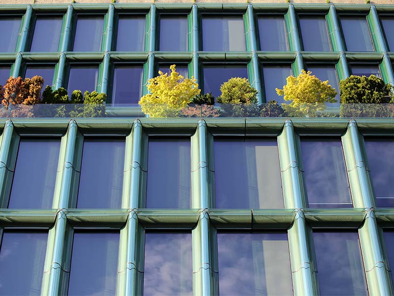 exterior view of a real estate green building to avoid carbon emmission